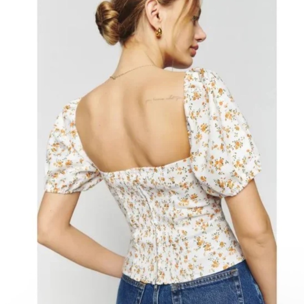 Reformation Andra White Yellow Floral Puff Sleeves Smocked Top Size 6 - Picture 3 of 13